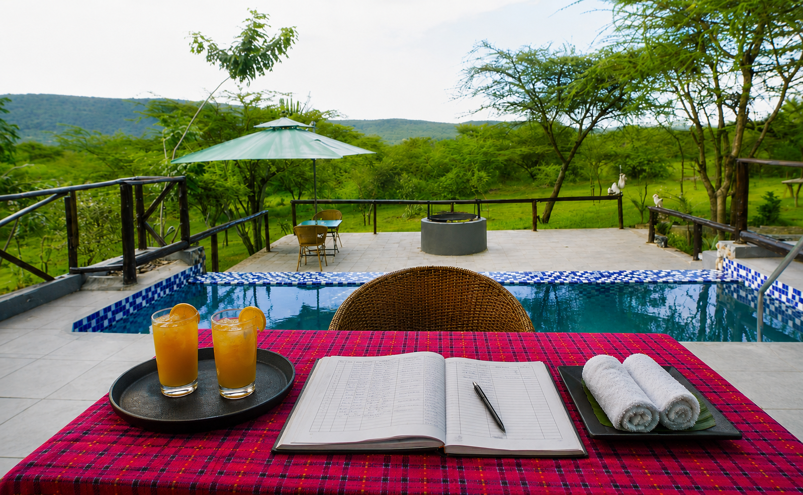 Welcome drinks waiting beside the private pool before arrival